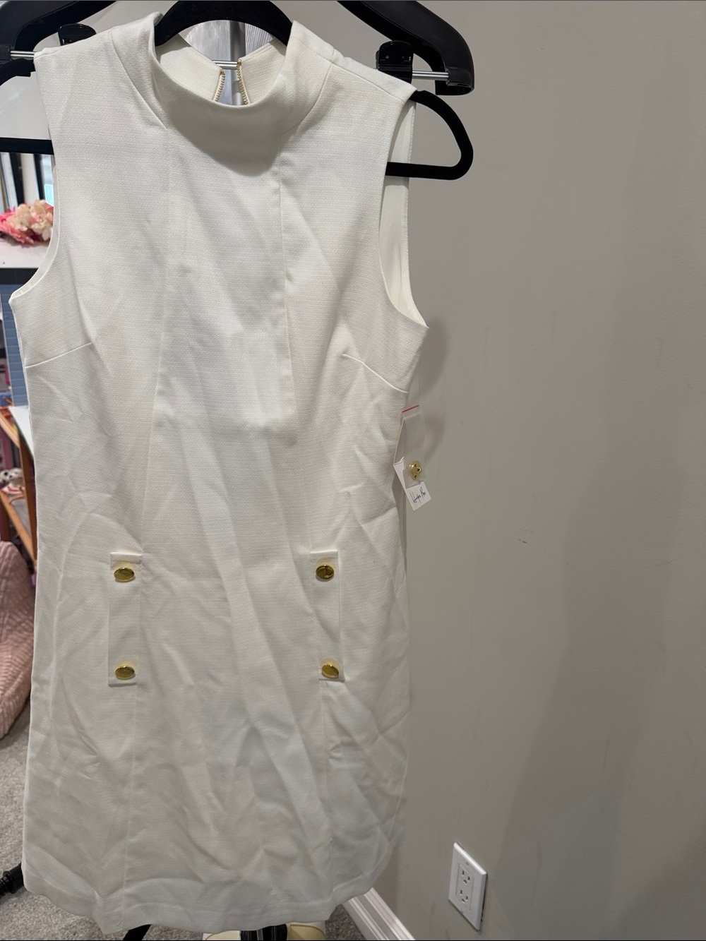 Sleeveless White Shift Dress with Gold Button Accents